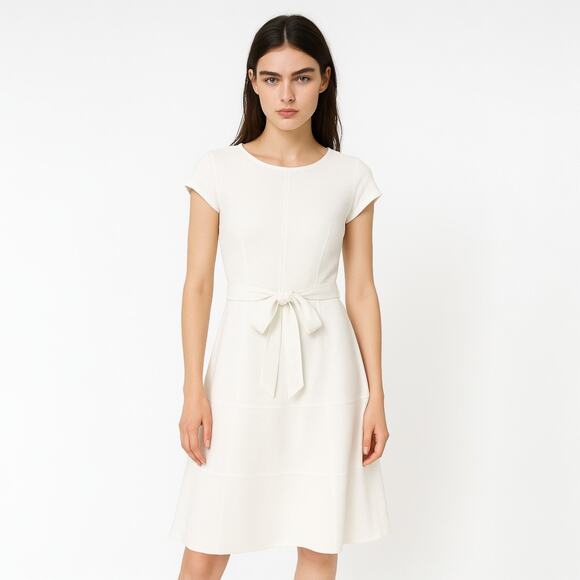 Anne Klein White Short Cap Sleeve Belted Knee Length Fit & Flare A-line Dress 4 - Picture 1 of 5